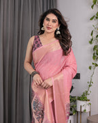 Peach Handloom Cotton Saree with Illustrated Story Panel Prints & Zari Border | Artistic Ethnic Wear | 5.5m Saree + 0.8m Blouse Piece