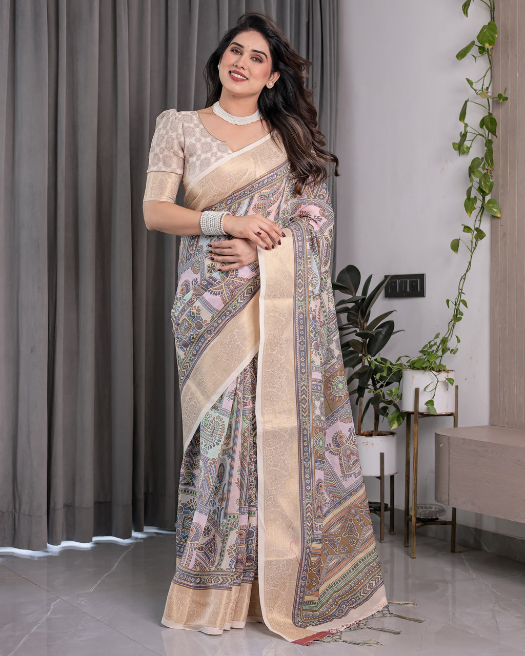 Beige Handloom Linen Saree with Tribal & Peacock Multicolor Digital Print | Traditional Art Pallu with Zari Border | 5.5m Saree + 0.8m Blouse