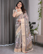 Beige Handloom Linen Saree with Tribal & Peacock Multicolor Digital Print | Traditional Art Pallu with Zari Border | 5.5m Saree + 0.8m Blouse