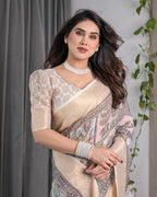 Beige Handloom Linen Saree with Tribal & Peacock Multicolor Digital Print | Traditional Art Pallu with Zari Border | 5.5m Saree + 0.8m Blouse