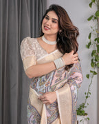 Beige Handloom Linen Saree with Tribal & Peacock Multicolor Digital Print | Traditional Art Pallu with Zari Border | 5.5m Saree + 0.8m Blouse