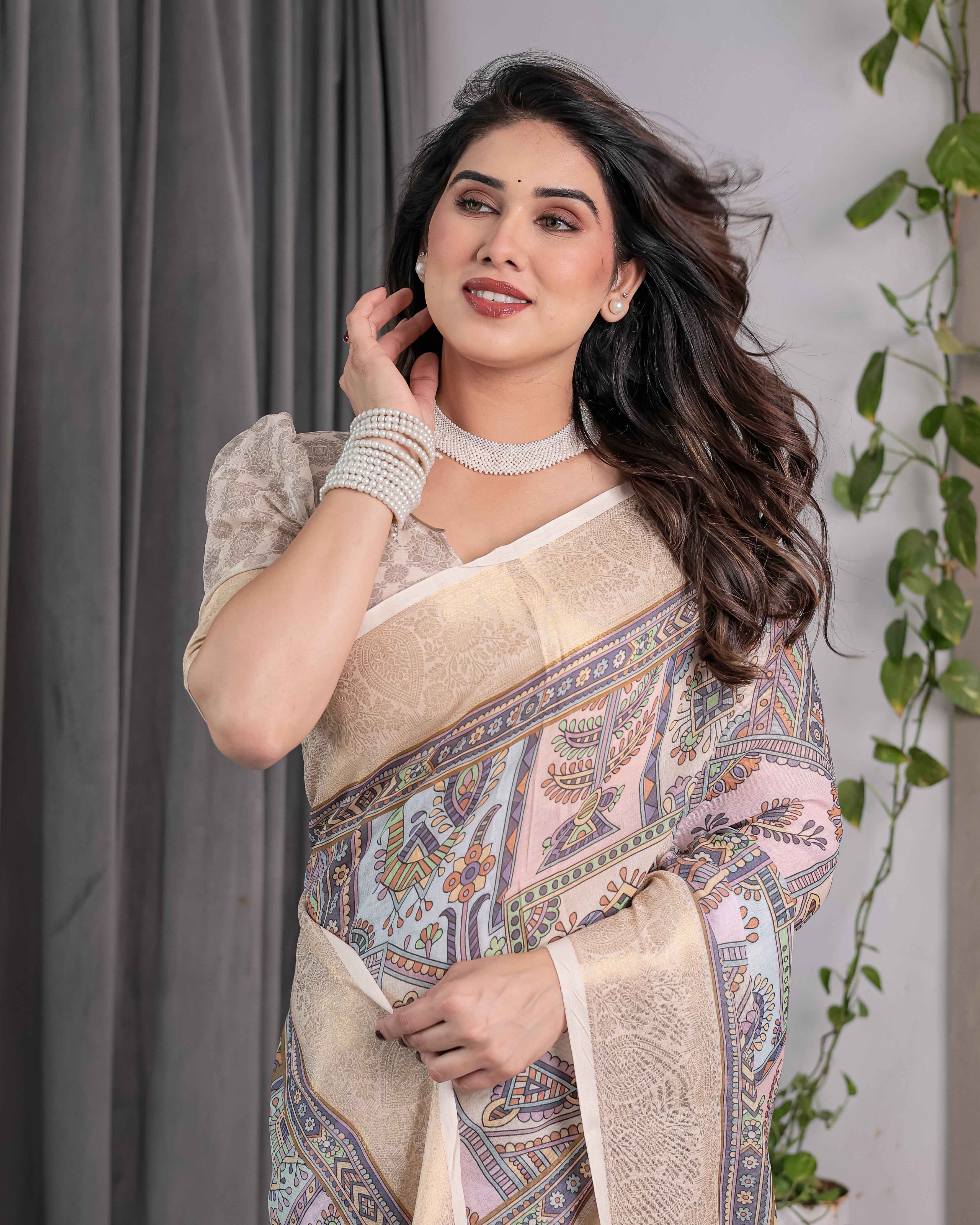 Beige Handloom Linen Saree with Tribal & Peacock Multicolor Digital Print | Traditional Art Pallu with Zari Border | 5.5m Saree + 0.8m Blouse