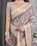 Beige Handloom Linen Saree with Tribal & Peacock Multicolor Digital Print | Traditional Art Pallu with Zari Border | 5.5m Saree + 0.8m Blouse