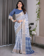 Sky Blue & White Handloom Linen Saree with Floral Vine Print, Geometric Pallu & Zari Border | 5.5m Saree + 0.8m Blouse