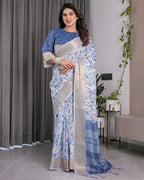 Sky Blue & White Handloom Linen Saree with Floral Vine Print, Geometric Pallu & Zari Border | 5.5m Saree + 0.8m Blouse