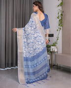 Sky Blue & White Handloom Linen Saree with Floral Vine Print, Geometric Pallu & Zari Border | 5.5m Saree + 0.8m Blouse