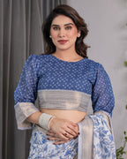 Sky Blue & White Handloom Linen Saree with Floral Vine Print, Geometric Pallu & Zari Border | 5.5m Saree + 0.8m Blouse