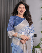 Sky Blue & White Handloom Linen Saree with Floral Vine Print, Geometric Pallu & Zari Border | 5.5m Saree + 0.8m Blouse