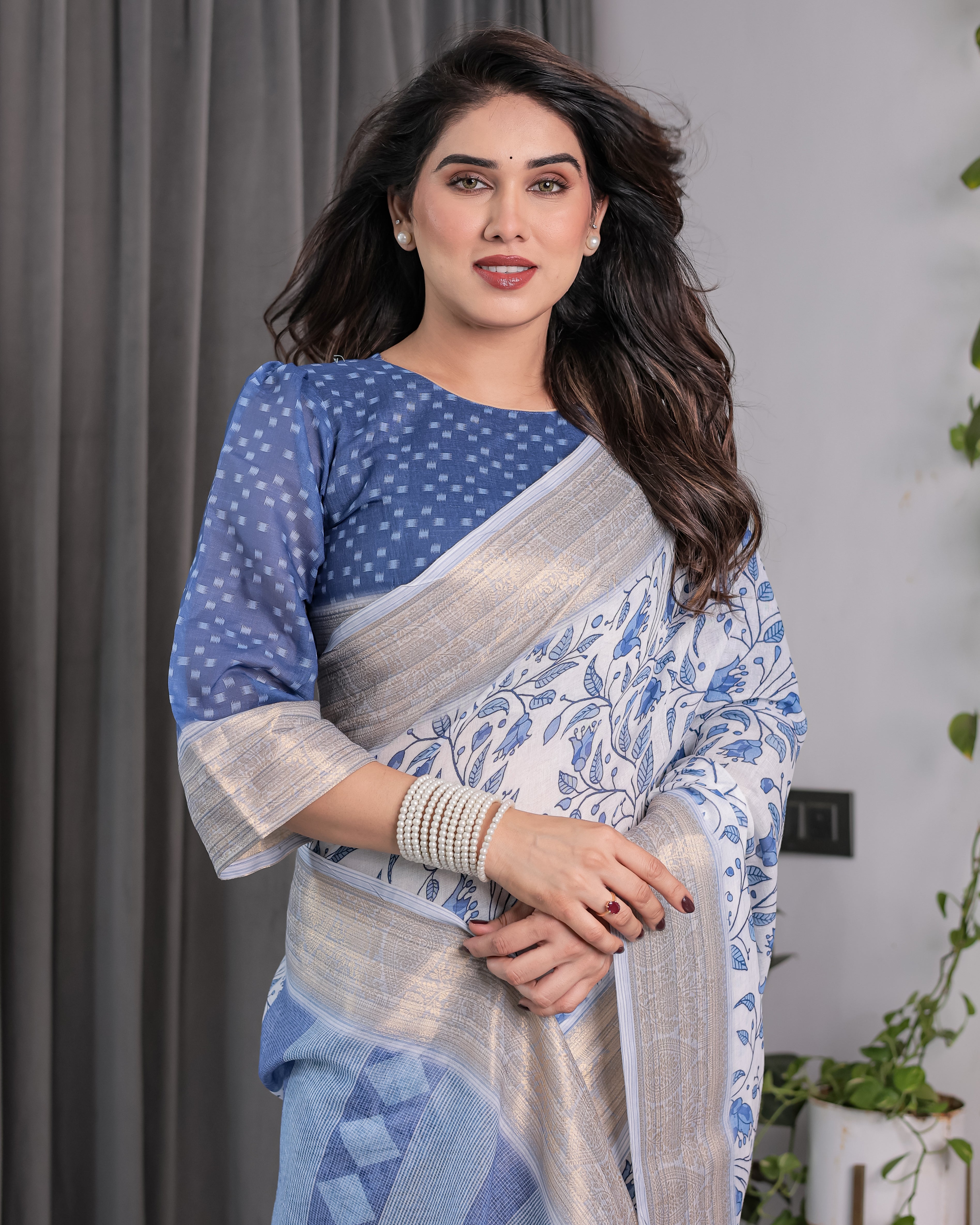 Sky Blue & White Handloom Linen Saree with Floral Vine Print, Geometric Pallu & Zari Border | 5.5m Saree + 0.8m Blouse