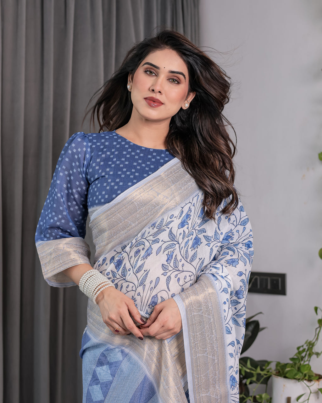 Sky Blue & White Handloom Linen Saree with Floral Vine Print, Geometric Pallu & Zari Border | 5.5m Saree + 0.8m Blouse