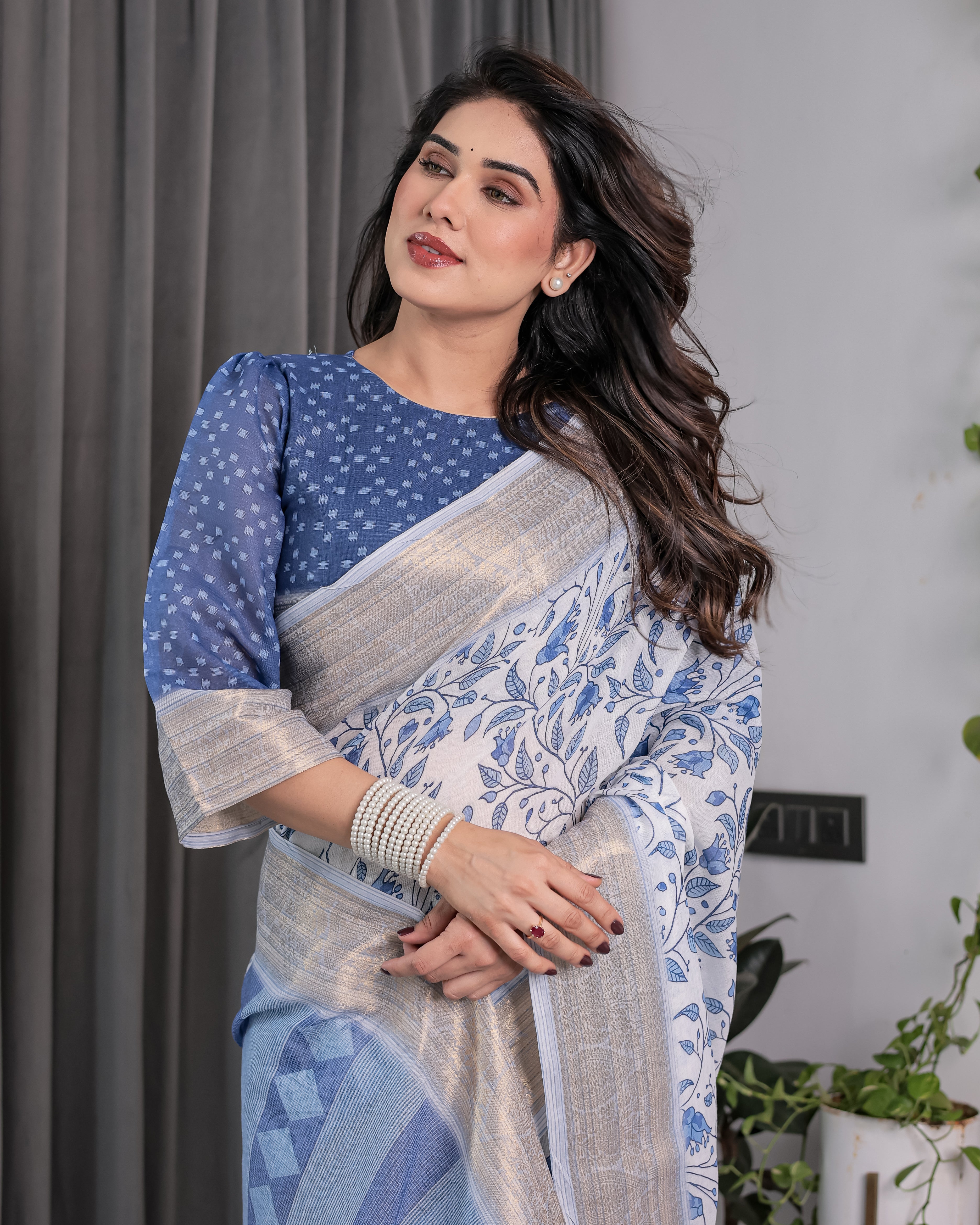 Sky Blue & White Handloom Linen Saree with Floral Vine Print, Geometric Pallu & Zari Border | 5.5m Saree + 0.8m Blouse