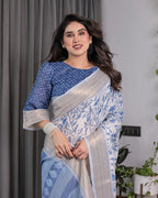 Sky Blue & White Handloom Linen Saree with Floral Vine Print, Geometric Pallu & Zari Border | 5.5m Saree + 0.8m Blouse