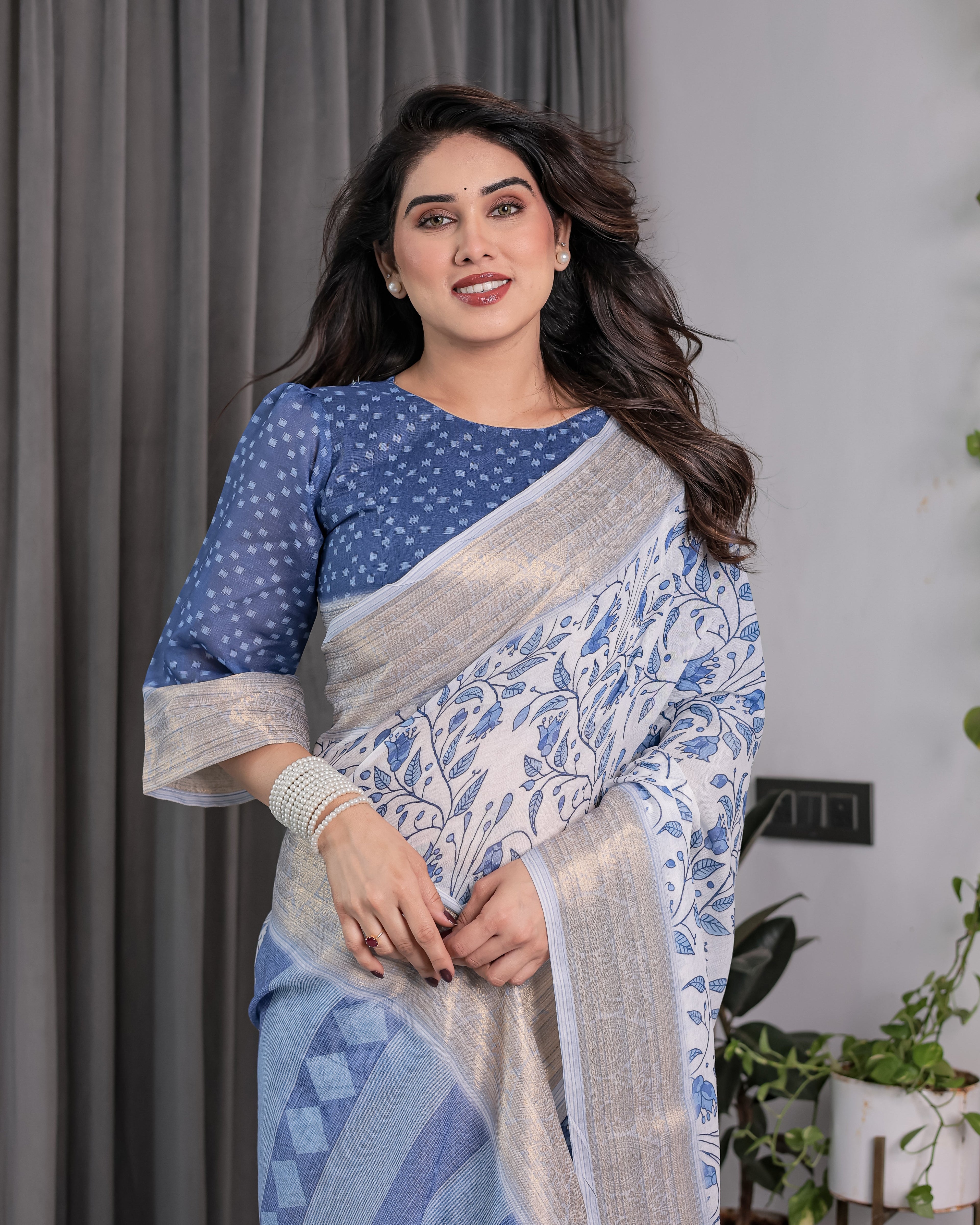 Sky Blue & White Handloom Linen Saree with Floral Vine Print, Geometric Pallu & Zari Border | 5.5m Saree + 0.8m Blouse