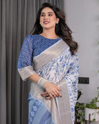Sky Blue & White Handloom Linen Saree with Floral Vine Print, Geometric Pallu & Zari Border | 5.5m Saree + 0.8m Blouse