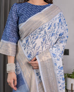 Sky Blue & White Handloom Linen Saree with Floral Vine Print, Geometric Pallu & Zari Border | 5.5m Saree + 0.8m Blouse