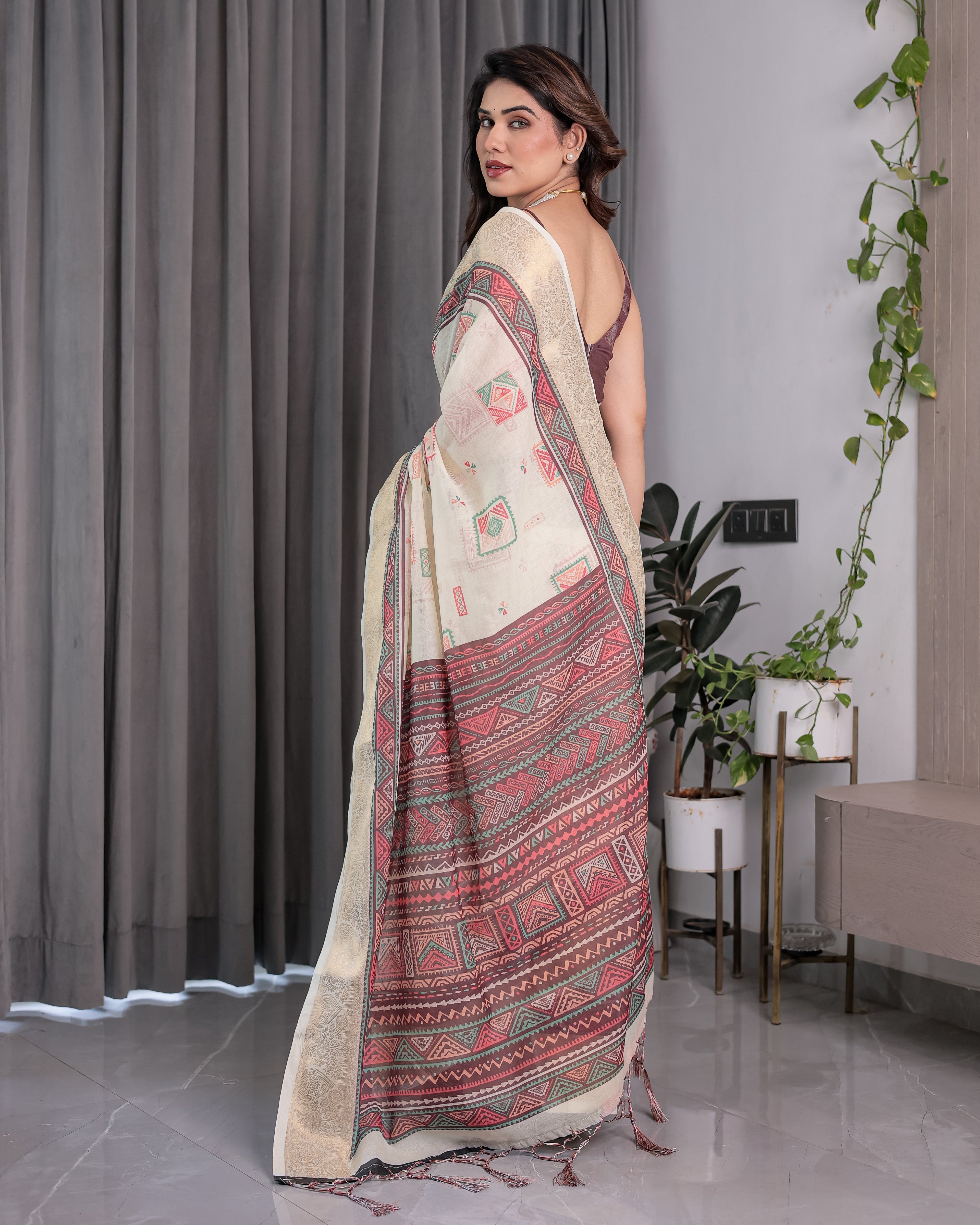 Ivory Handloom Linen Saree with Maroon Tribal Digital Print & Zari Border | Ethnic Chic | 5.5m Saree + 0.8m Blouse