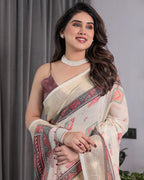 Ivory Handloom Linen Saree with Maroon Tribal Digital Print & Zari Border | Ethnic Chic | 5.5m Saree + 0.8m Blouse