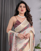 Ivory Handloom Linen Saree with Maroon Tribal Digital Print & Zari Border | Ethnic Chic | 5.5m Saree + 0.8m Blouse