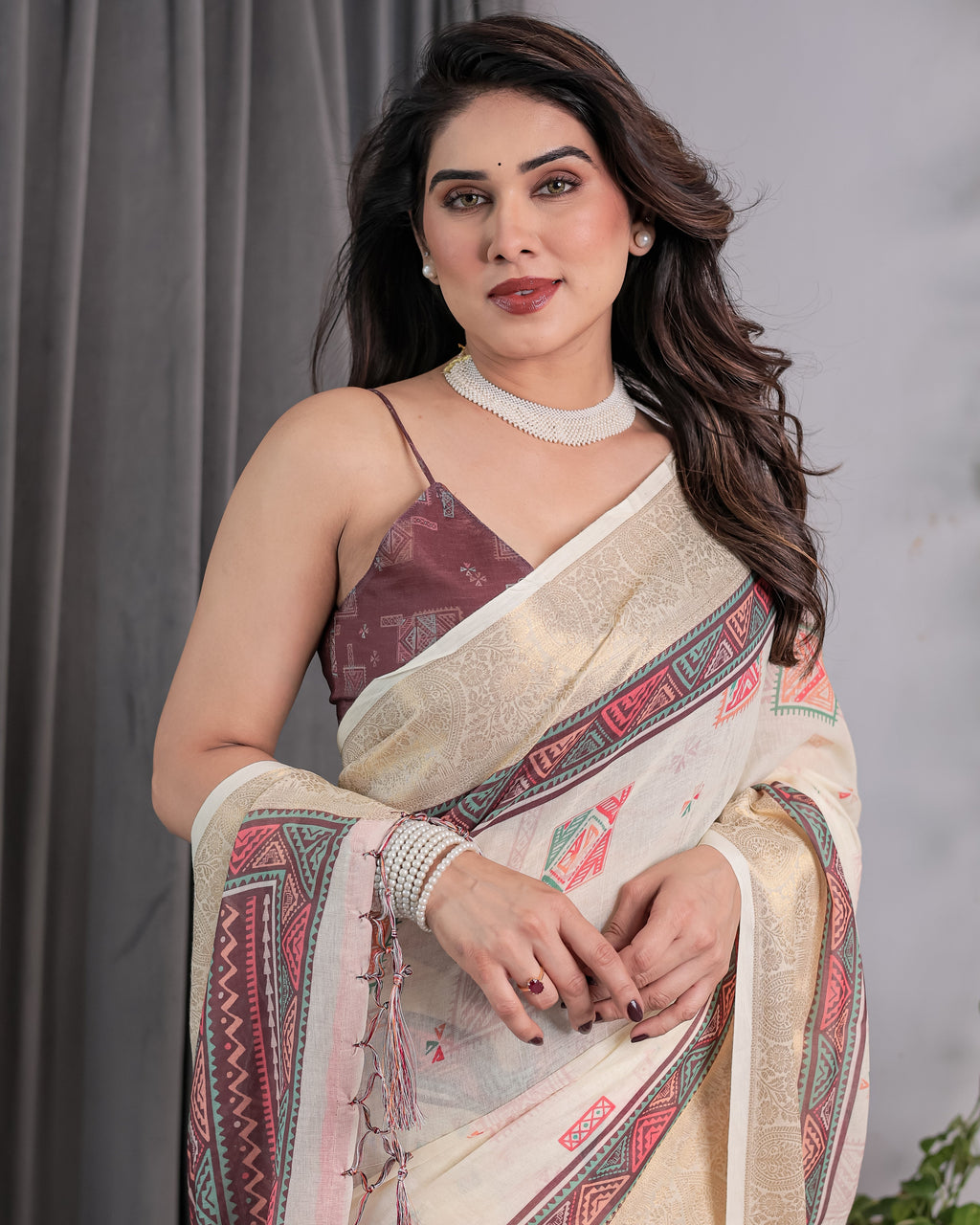 Ivory Handloom Linen Saree with Maroon Tribal Digital Print & Zari Border | Ethnic Chic | 5.5m Saree + 0.8m Blouse