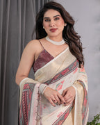 Ivory Handloom Linen Saree with Maroon Tribal Digital Print & Zari Border | Ethnic Chic | 5.5m Saree + 0.8m Blouse