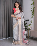 Ivory Handloom Linen Saree with Black & Red Geometric Tribal Print and Zari Border | Bold Ethnic Drape | 5.5m Saree + 0.8m Blouse