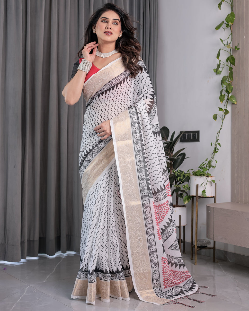 Ivory Handloom Linen Saree with Black & Red Geometric Tribal Print and Zari Border | Bold Ethnic Drape | 5.5m Saree + 0.8m Blouse