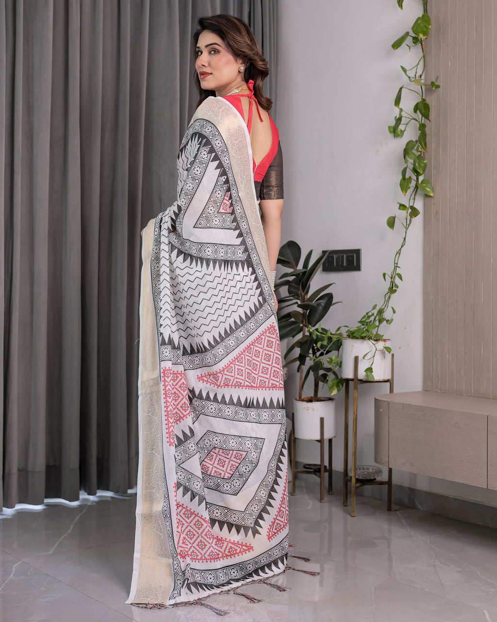 Ivory Handloom Linen Saree with Black & Red Geometric Tribal Print and Zari Border | Bold Ethnic Drape | 5.5m Saree + 0.8m Blouse