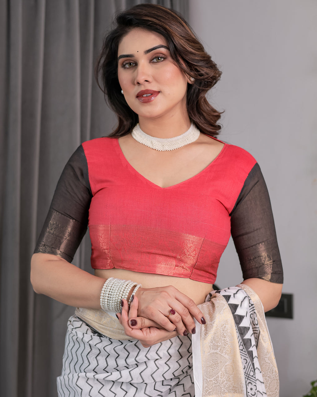 Ivory Handloom Linen Saree with Black & Red Geometric Tribal Print and Zari Border | Bold Ethnic Drape | 5.5m Saree + 0.8m Blouse