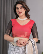 Ivory Handloom Linen Saree with Black & Red Geometric Tribal Print and Zari Border | Bold Ethnic Drape | 5.5m Saree + 0.8m Blouse