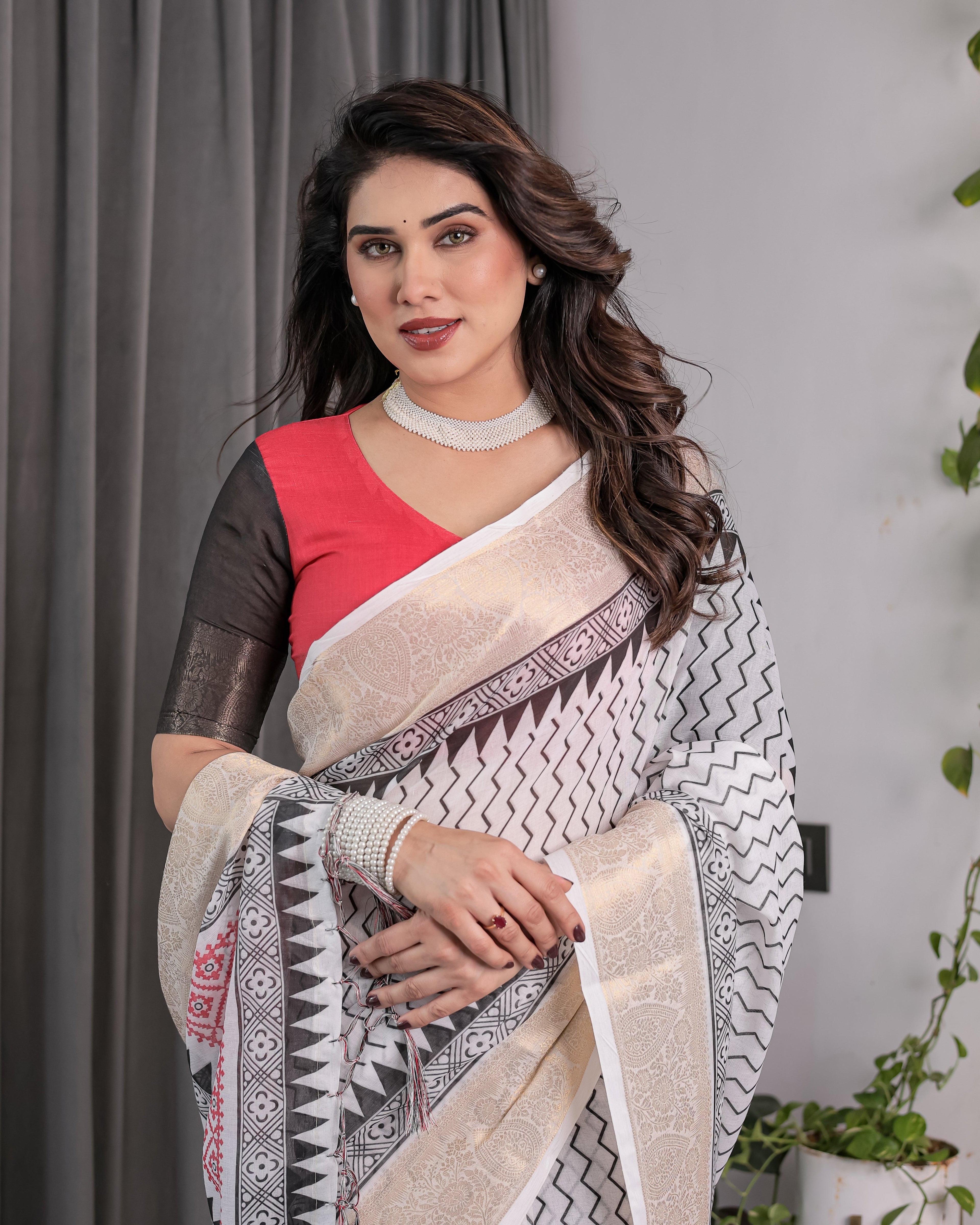 Ivory Handloom Linen Saree with Black & Red Geometric Tribal Print and Zari Border | Bold Ethnic Drape | 5.5m Saree + 0.8m Blouse