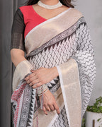 Ivory Handloom Linen Saree with Black & Red Geometric Tribal Print and Zari Border | Bold Ethnic Drape | 5.5m Saree + 0.8m Blouse