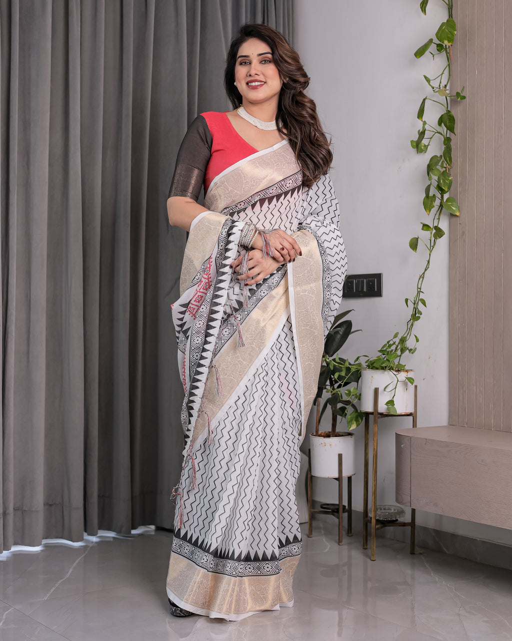 Ivory Handloom Linen Saree with Black & Red Geometric Tribal Print and Zari Border | Bold Ethnic Drape | 5.5m Saree + 0.8m Blouse