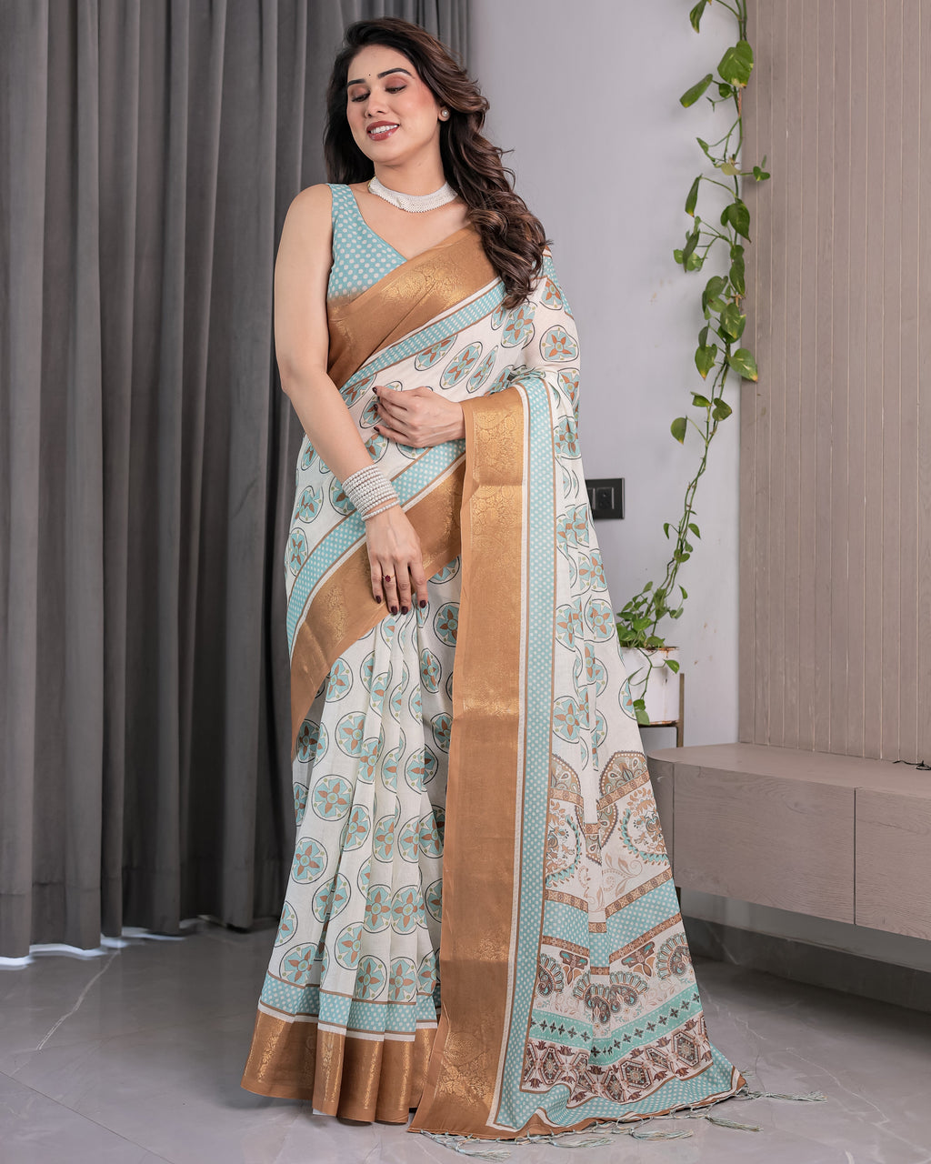 Ivory Handloom Linen Saree with Aqua Blue Mandala Motifs & Copper Zari Border | Artistic Printed Pallu & Tassels | 5.5m Saree + 0.8m Blouse