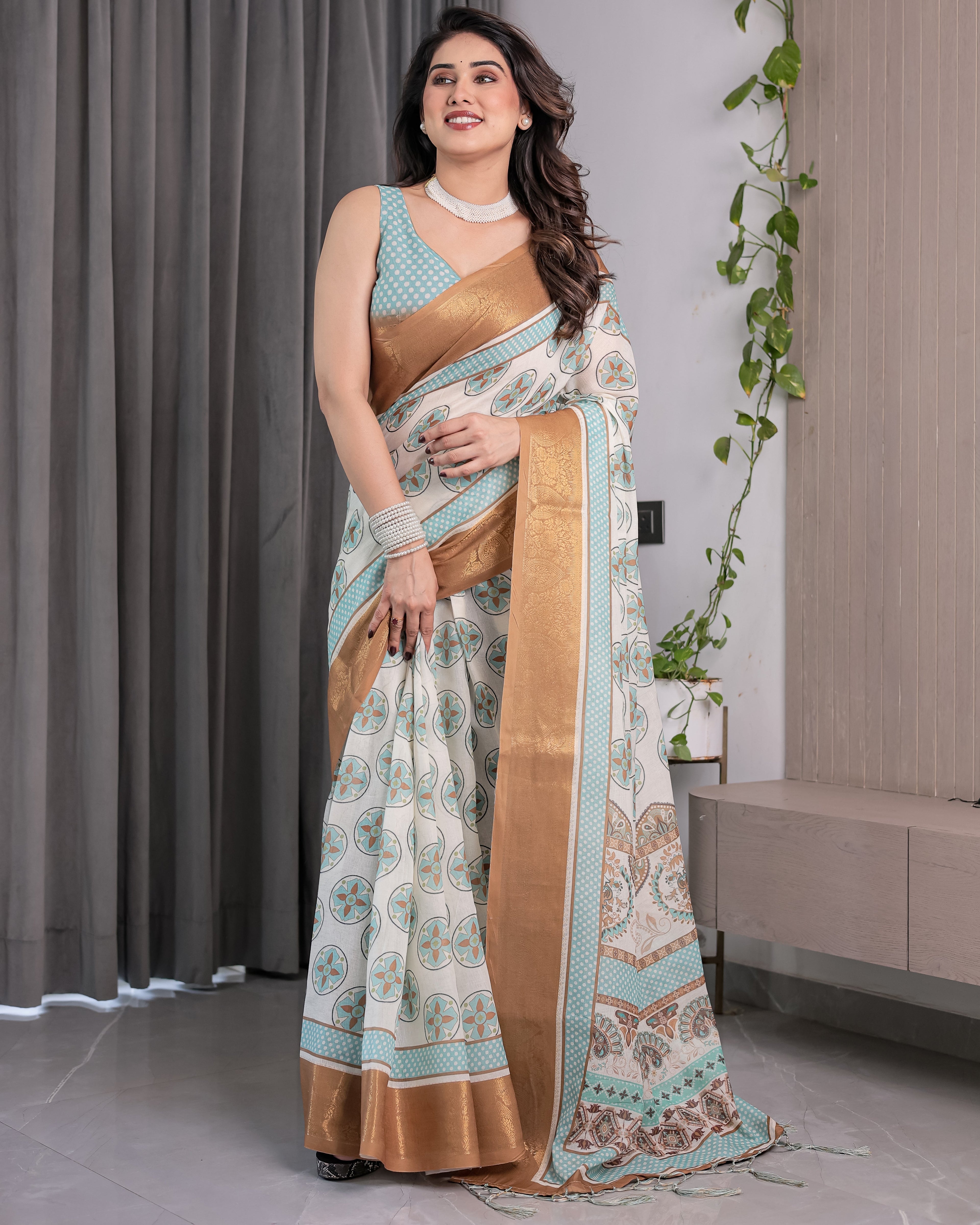 Ivory Handloom Linen Saree with Aqua Blue Mandala Motifs & Copper Zari Border | Artistic Printed Pallu & Tassels | 5.5m Saree + 0.8m Blouse