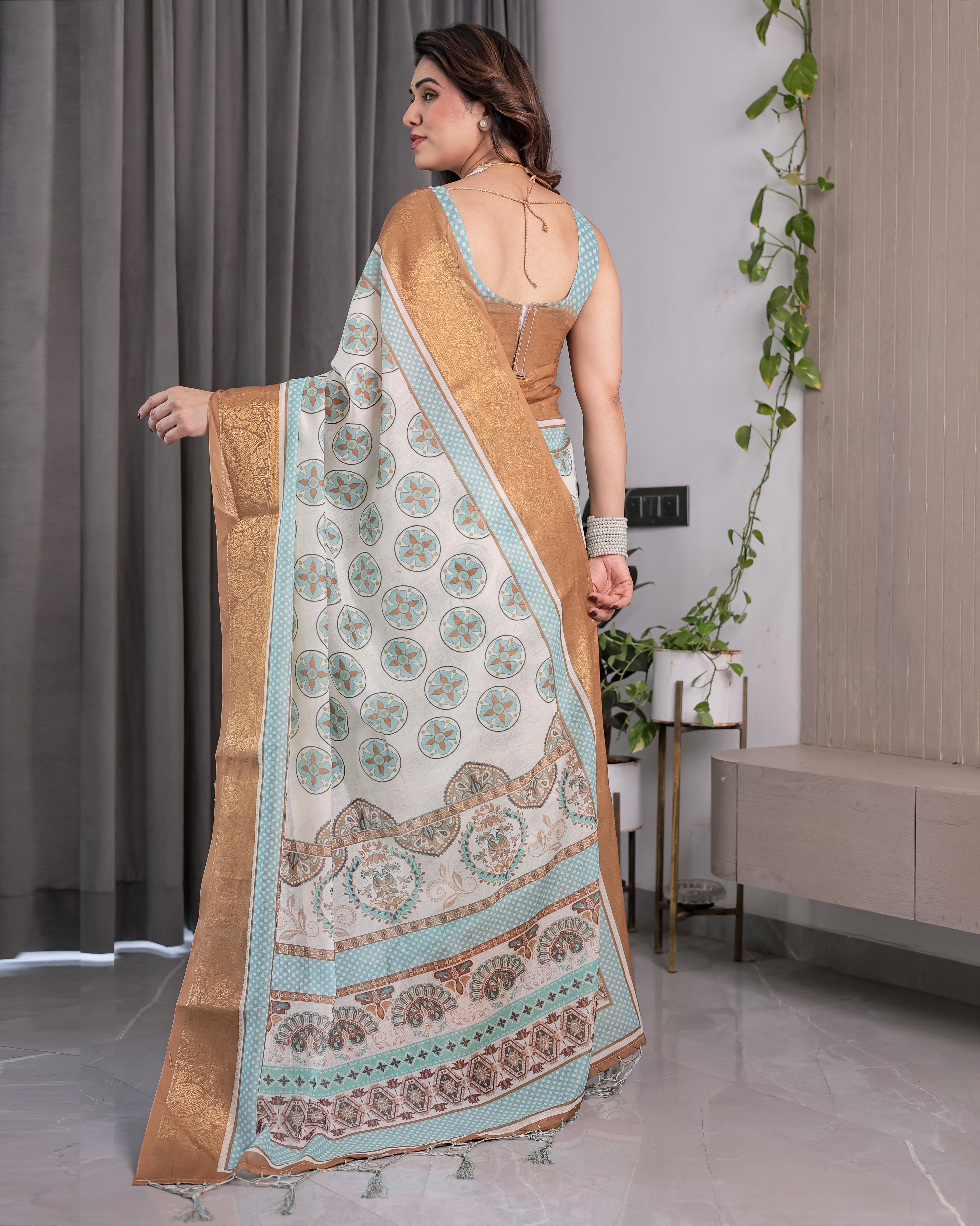 Ivory Handloom Linen Saree with Aqua Blue Mandala Motifs & Copper Zari Border | Artistic Printed Pallu & Tassels | 5.5m Saree + 0.8m Blouse