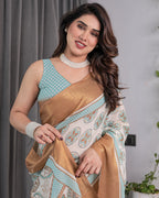 Ivory Handloom Linen Saree with Aqua Blue Mandala Motifs & Copper Zari Border | Artistic Printed Pallu & Tassels | 5.5m Saree + 0.8m Blouse