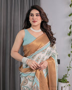 Ivory Handloom Linen Saree with Aqua Blue Mandala Motifs & Copper Zari Border | Artistic Printed Pallu & Tassels | 5.5m Saree + 0.8m Blouse