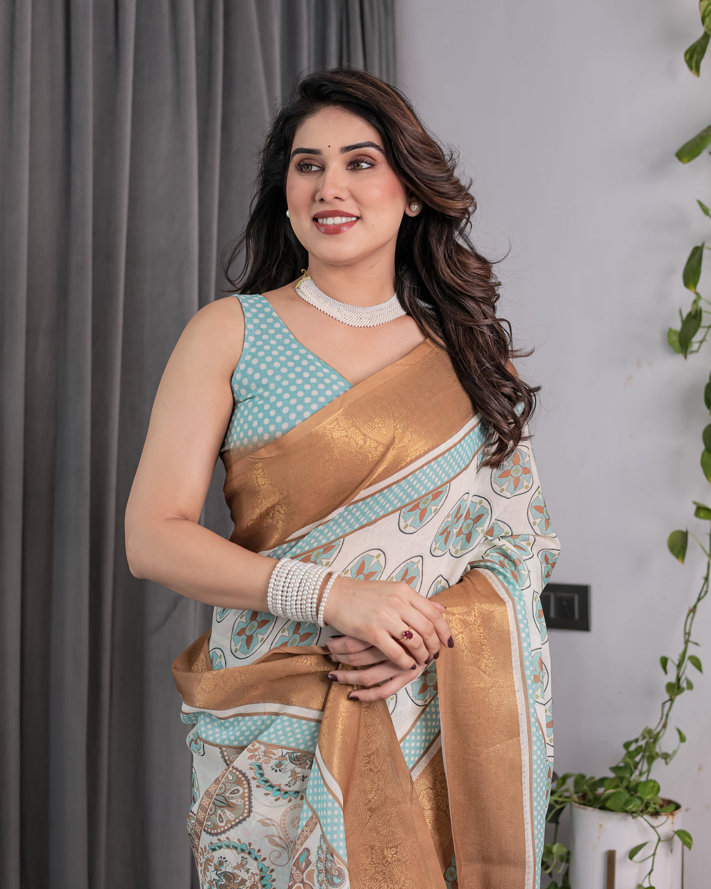 Ivory Handloom Linen Saree with Aqua Blue Mandala Motifs & Copper Zari Border | Artistic Printed Pallu & Tassels | 5.5m Saree + 0.8m Blouse