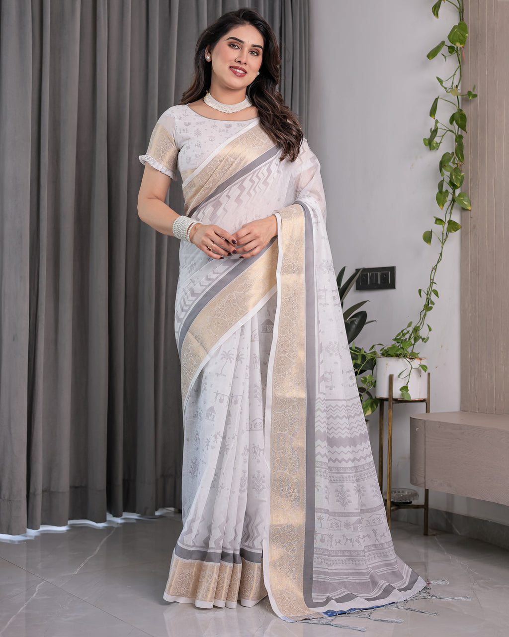 White & Grey Handloom Linen Saree with Tribal Village Print, Zari Borders & Tassel Pallu | 5.5m Saree + 0.8m Blouse