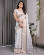 White & Grey Handloom Linen Saree with Tribal Village Print, Zari Borders & Tassel Pallu | 5.5m Saree + 0.8m Blouse