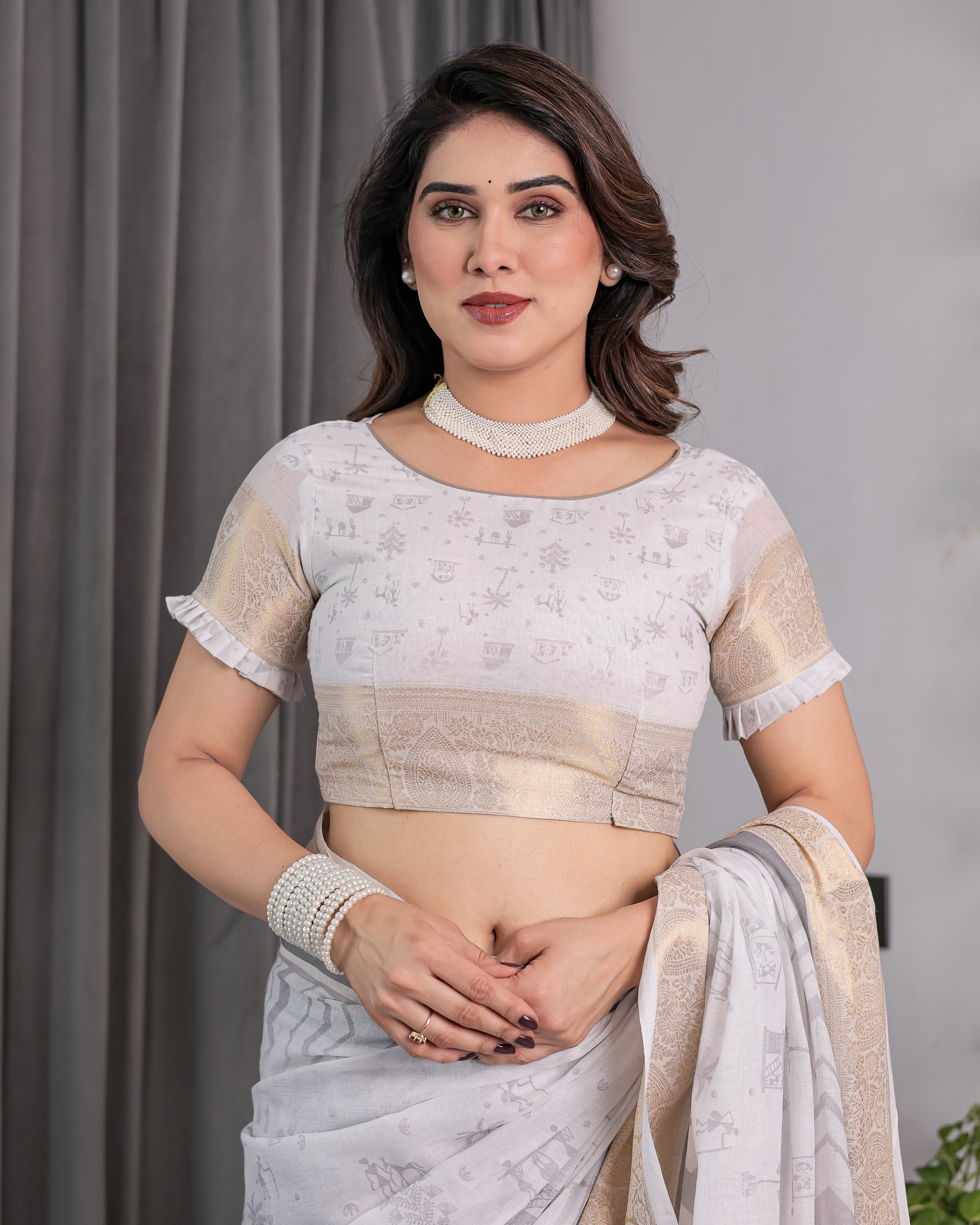 White & Grey Handloom Linen Saree with Tribal Village Print, Zari Borders & Tassel Pallu | 5.5m Saree + 0.8m Blouse