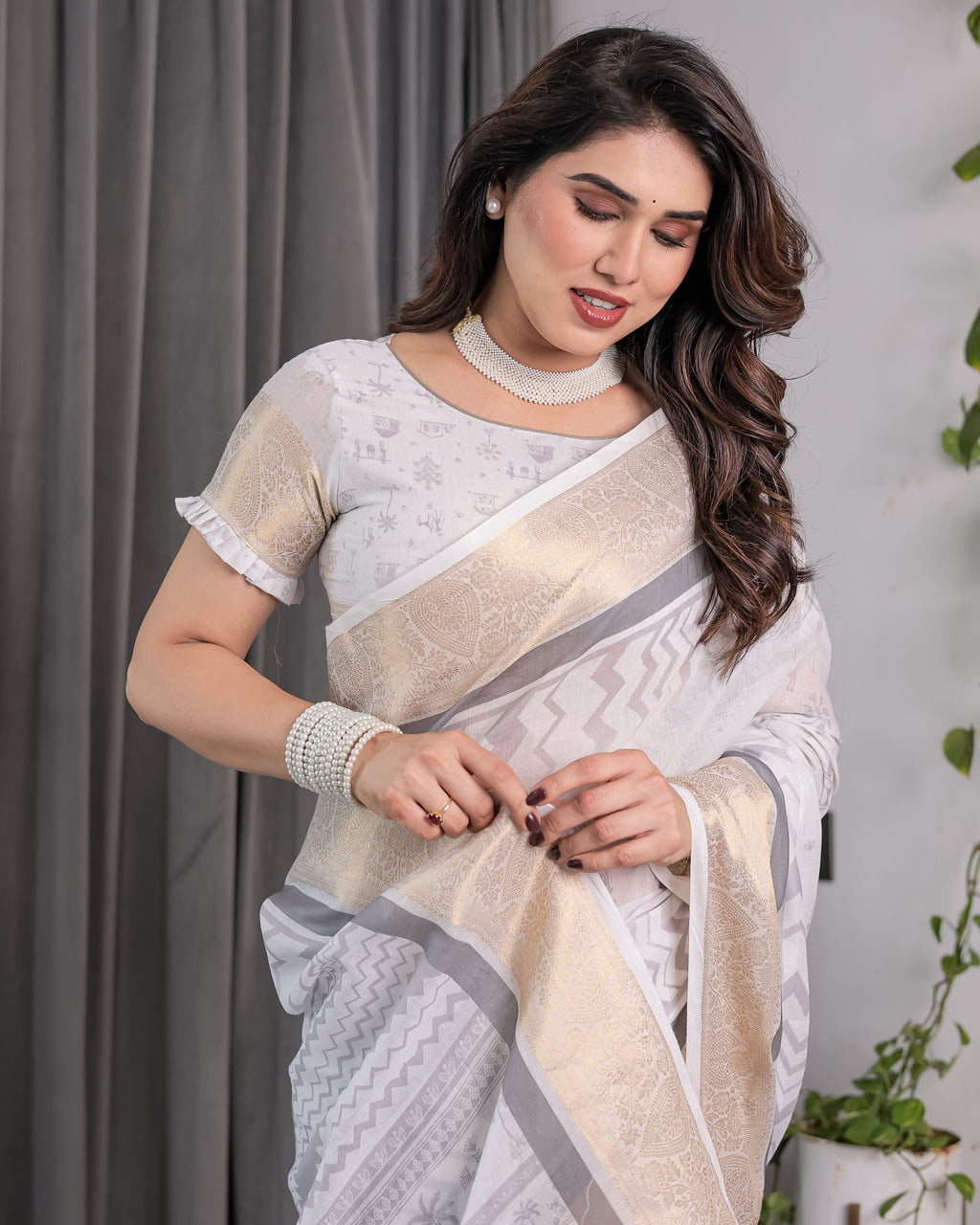 White & Grey Handloom Linen Saree with Tribal Village Print, Zari Borders & Tassel Pallu | 5.5m Saree + 0.8m Blouse