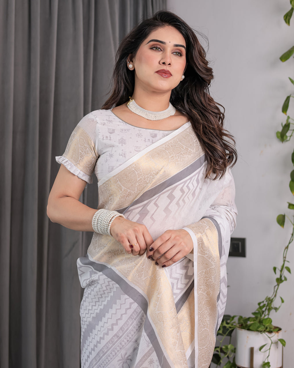 White & Grey Handloom Linen Saree with Tribal Village Print, Zari Borders & Tassel Pallu | 5.5m Saree + 0.8m Blouse