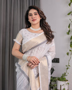 White & Grey Handloom Linen Saree with Tribal Village Print, Zari Borders & Tassel Pallu | 5.5m Saree + 0.8m Blouse