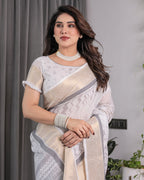 White & Grey Handloom Linen Saree with Tribal Village Print, Zari Borders & Tassel Pallu | 5.5m Saree + 0.8m Blouse