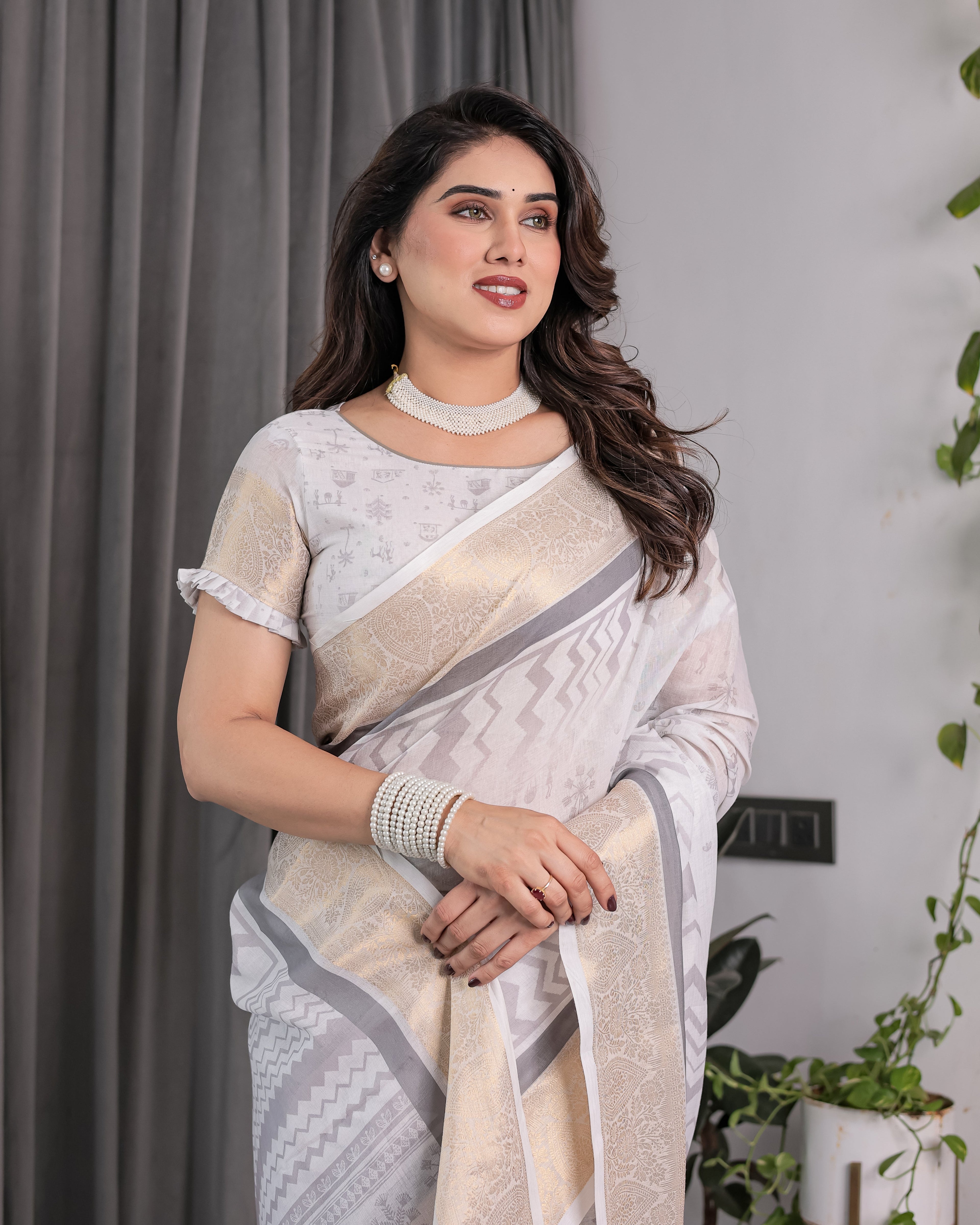 White & Grey Handloom Linen Saree with Tribal Village Print, Zari Borders & Tassel Pallu | 5.5m Saree + 0.8m Blouse