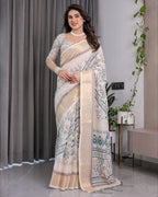 Ivory Beige Handloom Linen Saree with Teal Floral Buta & Paisley Border | Elegant Ethnic Printed Pallu & Zari Highlights | 5.5m Saree + 0.8m Blouse