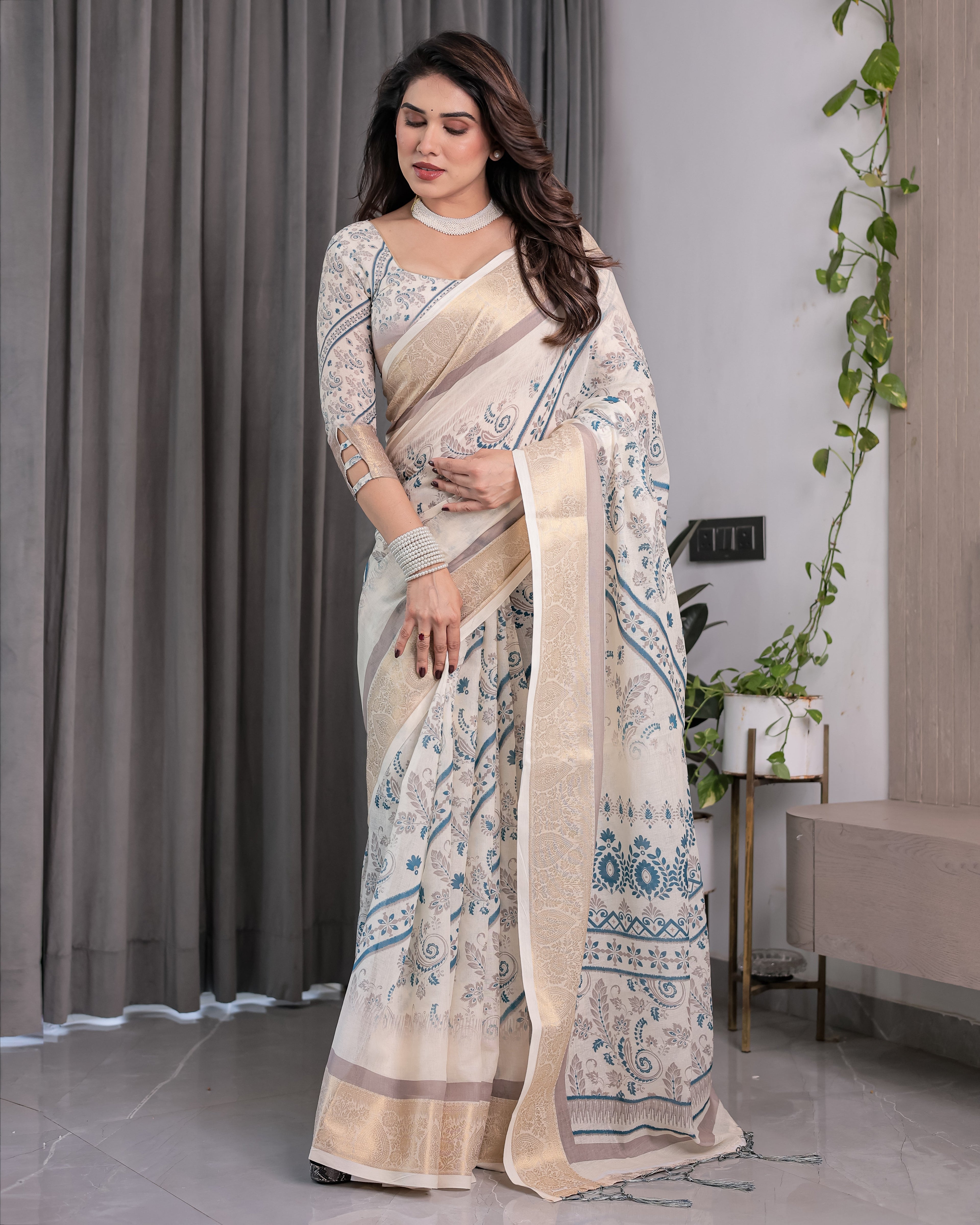 Ivory Beige Handloom Linen Saree with Teal Floral Buta & Paisley Border | Elegant Ethnic Printed Pallu & Zari Highlights | 5.5m Saree + 0.8m Blouse