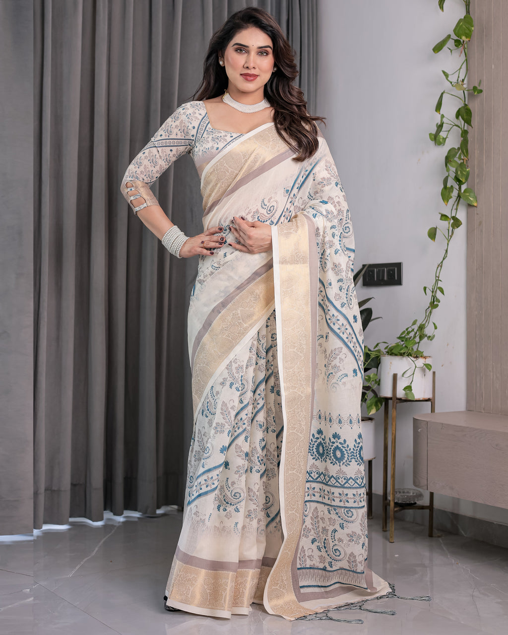 Ivory Beige Handloom Linen Saree with Teal Floral Buta & Paisley Border | Elegant Ethnic Printed Pallu & Zari Highlights | 5.5m Saree + 0.8m Blouse