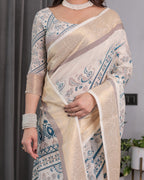 Ivory Beige Handloom Linen Saree with Teal Floral Buta & Paisley Border | Elegant Ethnic Printed Pallu & Zari Highlights | 5.5m Saree + 0.8m Blouse